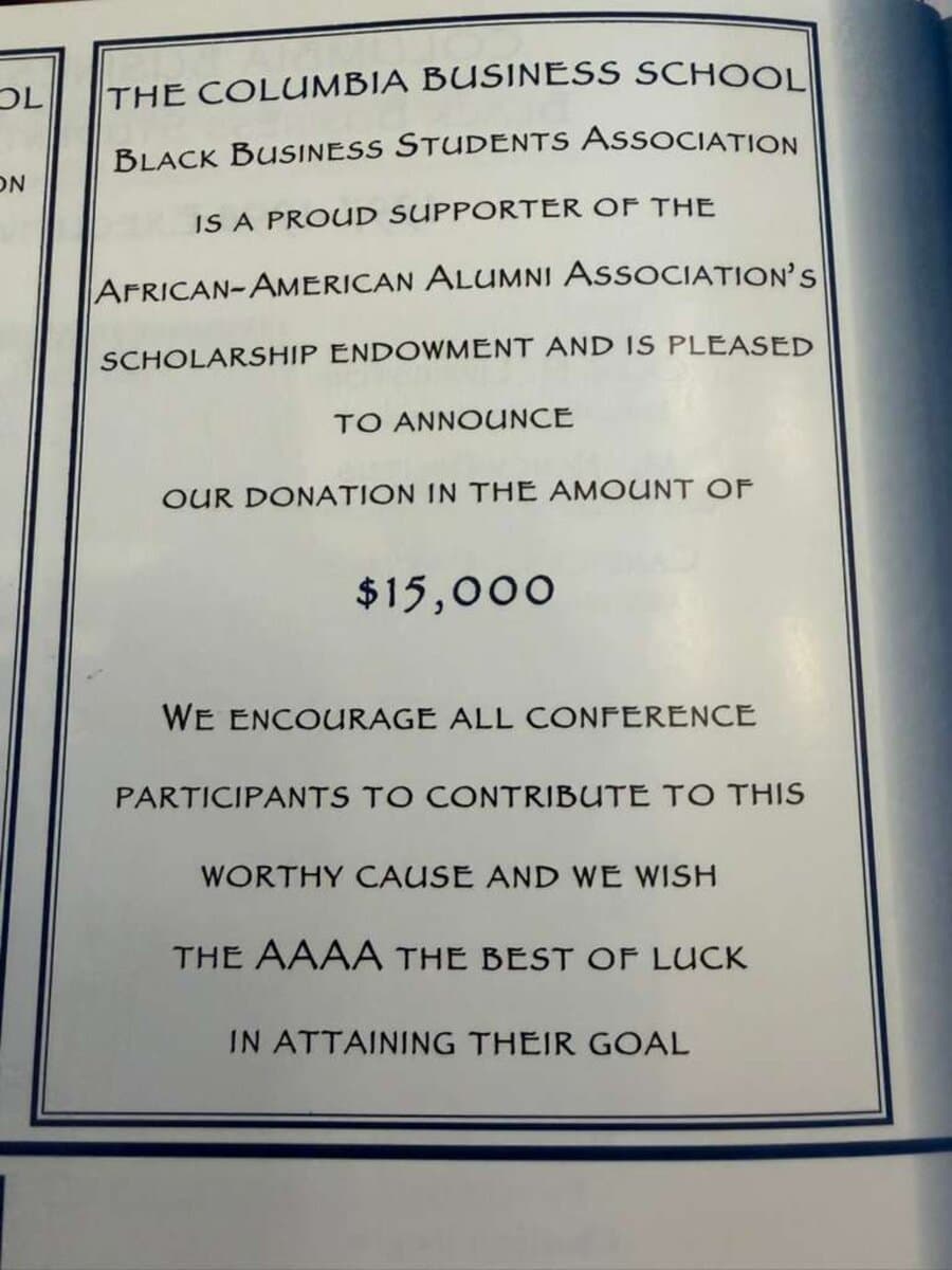 A page from an association conference program announcing the BBSA's $15,000 donation to the African-American Alumni Association's scholarship endowment
